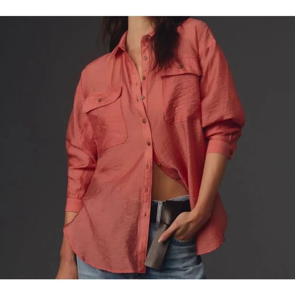 Anthropologie Sheer Button Down Orange Red - Women’s US Size L